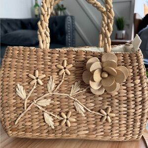 Handcrafted Tan Woven Bag with Floral Accent